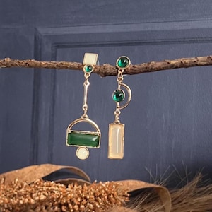 Green Geometric Dangle Earrings • Gold Tone Metal + Emerald Green Stones • Handmade Jewelry, modern earrings, abstract earrings ,