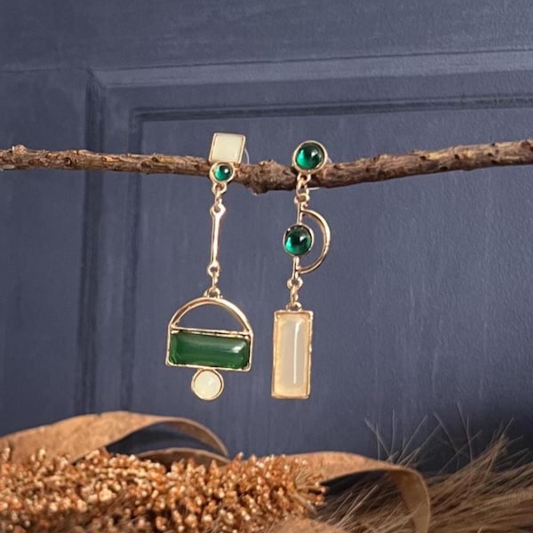 Green Geometric Dangle Earrings • Gold Tone Metal + Emerald Green Stones • Handmade Jewelry, modern earrings, abstract earrings ,