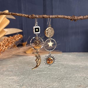 Mismatched Sun and Moon Earrings: Boho Celestial Dangles, sun and moon earrings, celestial earrings ,unique earrings, celestial jewelry