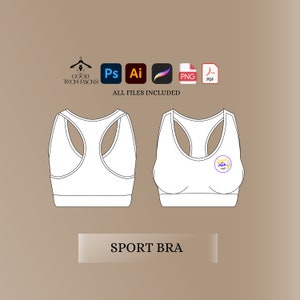 May include: White sports bra with a racerback design. The bra has a thin strap and a wide band at the bottom. The bra is shown from the front and back. The text "GOOD TECH PACKS" is visible on the bra.