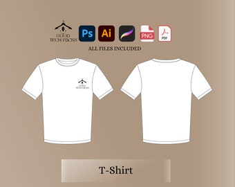 May include: A white t-shirt mockup with a black logo on the front that says "GOOD TECH PACKS". The t-shirt is shown from the front and back. The text "ALL FILES INCLUDED" is above the t-shirt and the text "T-Shirt" is below the t-shirt.