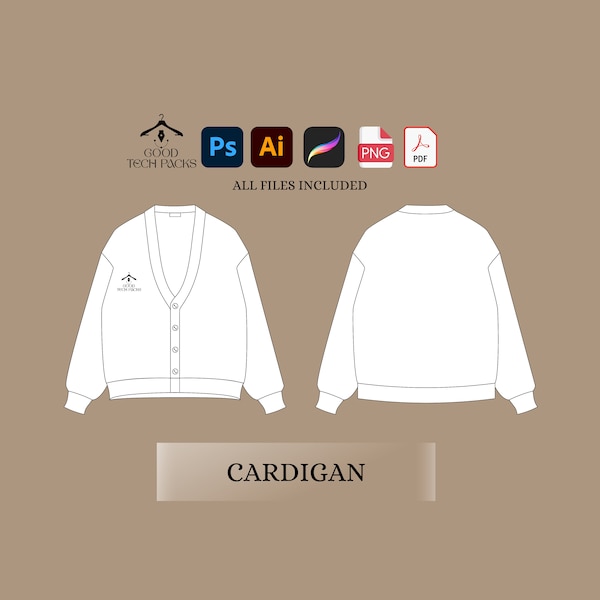 Cardigan Tech Drawings, Vector Template, Vector Tech Pack Illustrator, Fashion Streetwear, Streetwear Tech Pack, Clothing Vector Mock-Ups