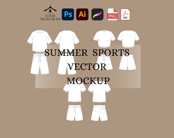 Może przedstawiać: Wektorowa makieta letniej odzieży sportowej, w tym białe koszulki i szorty. Obraz zawiera różne opcje projektowe, z tekstem "SUMMER SPORTS VECTOR MOCKUP" na środku. Obecne są również ikony oprogramowania do projektowania.