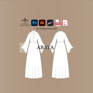 May include: A digital illustration of a white abaya dress design. The design features a collared neckline, button-down front, and flared sleeves. The word "ABAYA" is printed in the center. The image includes icons for design software and file types.