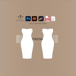 May include: Digital illustration of two white dress outlines. The word "DRESS" is between the dresses. The image includes icons for Photoshop, Illustrator, and other file types, with the text "ALL FILES INCLUDED".