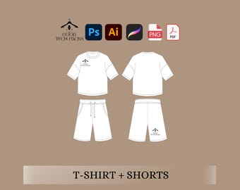 Może przedstawiać: Biały zestaw t-shirt i spodenek z logo "GOOD TECH PACKS" z przodu. Zestaw jest pokazany na brązowym tle.