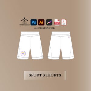 May include: White sports shorts with a logo on the left leg. The text "GOOD TECH PACKS" and "ALL FILES INCLUDED" are at the top of the image. The text "SPORT SHORTS" is at the bottom of the image.