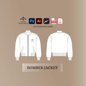 May include: A white bomber jacket design, shown from the front and back, with a zipper closure and ribbed cuffs and hem. The image includes the text "GOOD TECH PACKS" and "ALL FILES INCLUDED". The words "BOMBER JACKET" are also displayed.