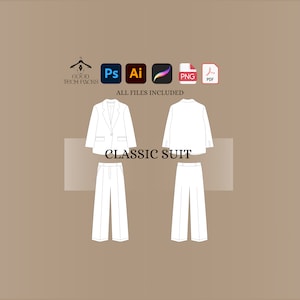 Puede incluir: Ilustración de dibujo de línea de un traje clásico, que incluye una chaqueta y pantalones. La imagen incluye el texto "ALL FILES INCLUDED" y los iconos de Photoshop, Illustrator, PNG y PDF.