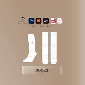 Może przedstawiać: Biały zarys pary skarpet z paskowanym wzorem. Skarpety są pokazane w widoku płaskim i bocznym. Tekst "SOCKS" znajduje się pod obrazem. Tekst "ALL FILES INCLUDED" znajduje się nad obrazem. Obraz zawiera również ikony dla Photoshopa, Illustratora, PNG i PDF.