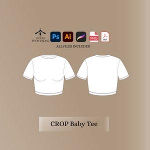 May include: A white crop top t-shirt design template with short sleeves. The design is shown from the front and back. The text "Crop Baby Tee" is below the design.