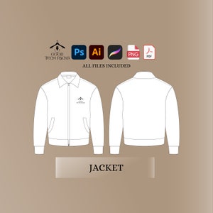 May include: A white jacket with a zipper closure and two pockets. The jacket has a small logo on the left chest that says "GOOD TECH PACKS". The text "ALL FILES INCLUDED" is below the logo. The image shows the front and back of the jacket.