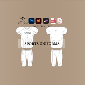 Könnte beinhalten: Eine weiße Football-Uniform-Vorlage mit einem Trikot und einer Hose. Das Trikot hat die Spielernummer "1" und den Text "PLAYER 1". Die Hose hat einen Streifen an der Seite. Der Text "SPORTS UNIFORMS" befindet sich unter den Uniformen. Das Bild enthält Symbole für Photoshop, Illustrator, einen Pinsel, PNG und PDF.