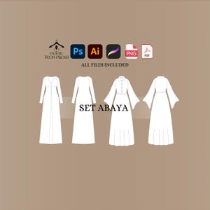 May include: Set of three white abaya designs. The designs include a long-sleeved abaya with a V-neck, a long-sleeved abaya with a round neck, and a long-sleeved abaya with a collar and bell sleeves. The text "SET ABAYA" is printed below the designs.