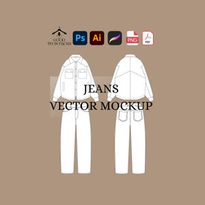 May include: A line drawing of a pair of jeans with a button-up shirt. The drawing is in black and white and is on a brown background. The text "JEANS VECTOR MOCKUP" is below the drawing.