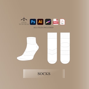 Könnte beinhalten: Eine weiße Umrisszeichnung einer Socke mit einem detaillierten Design. Die Socke wird in drei verschiedenen Ansichten gezeigt. Der Text "SOCKS" befindet sich unter dem Bild. Der Text "ALL FILES INCLUDED" befindet sich über dem Bild. Das Bild enthält auch Symbole für Photoshop, Illustrator, PNG und PDF.
