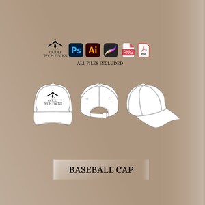 May include: A white baseball cap with a black logo that says "GOOD TECH PACKS" on the front. The cap is shown in three views: front, back, and side. The text "ALL FILES INCLUDED" is shown below the cap images. The text "BASEBALL CAP" is shown below the text "ALL FILES INCLUDED".