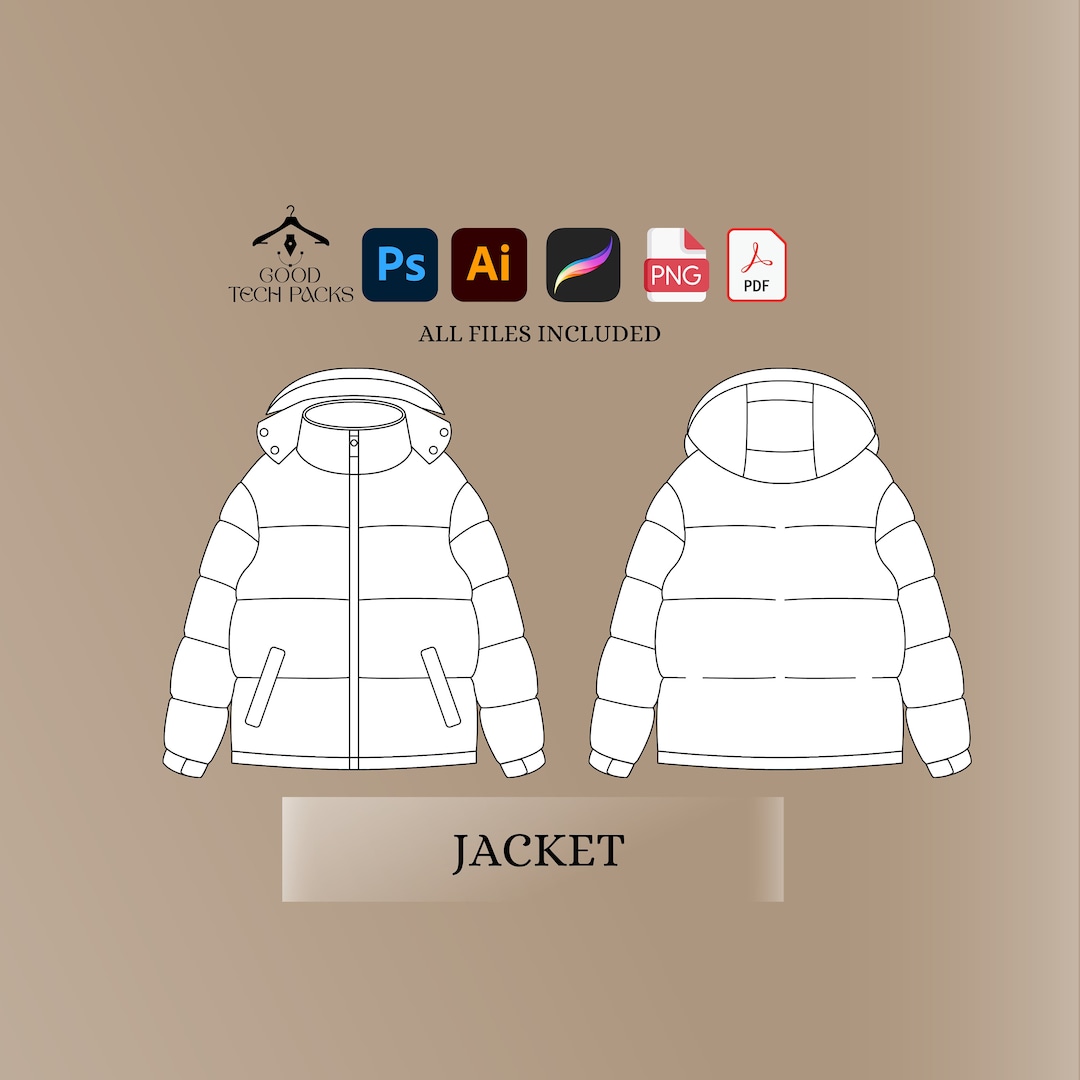 Puffer Jacket Tech Pack: Vector Template for Streetwear Design. Digital ...