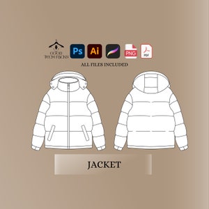Puffer Jacket Tech Pack, Vector Template, Vector Tech Pack Illustrator, Fashion Streetwear, Streetwear Tech Pack, Clothing Vector Mock-Ups