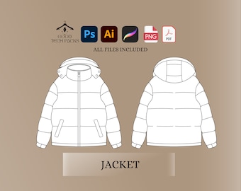 Puffer Jacket Tech Pack: Vector Template for Streetwear Design. Digital Download