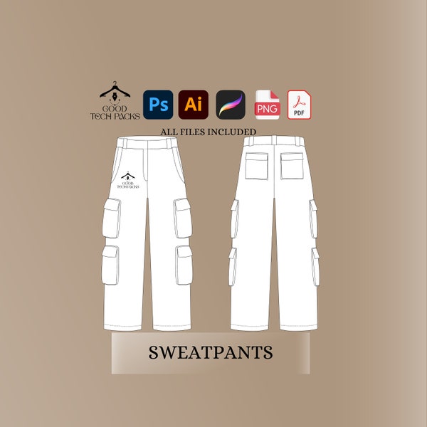 Cargo Pants Tech Drawings, Vector Template, Vector Tech Pack Illustrator, Fashion Streetwear, Streetwear Tech Pack, Clothing Vector Mock-Ups