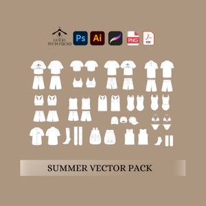 May include: A set of 20 summer clothing and accessory vector illustrations. The illustrations include shirts, shorts, tank tops, swimwear, hats, socks, and a backpack. The illustrations are in black and white and are outlined.