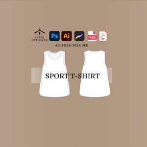 May include: A white sleeveless sport t-shirt mockup with the text "SPORT T-SHIRT" in black. The image includes icons for Photoshop, Illustrator, PNG, and PDF.