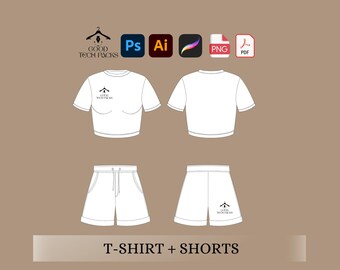 Może przedstawiać: Biały crop top i pasujące szorty z napisem "GOOD TECH PACKS" i ikoną domu z przodu. Projekt jest pokazany w stylu flat lay.