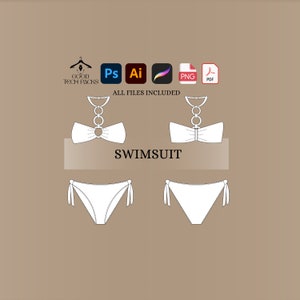 以下が含まれることがあります： 白い水着で、ホルターネックトップとリングのディテールがあります。トップはバンドゥスタイルで、ボトムはサイドタイのビキニボトムです。