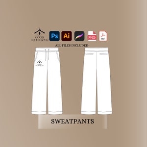 Sweatpants Tech Drawings, Vector Template, Vector Tech Pack Illustrator, Fashion Streetwear, Streetwear Tech Pack, Clothing Vector Mock-Ups