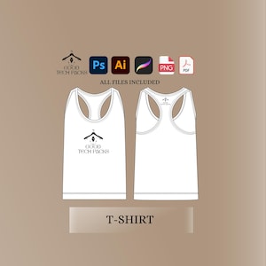 Puede incluir: Camiseta blanca de tirantes con un logotipo negro que dice "GOOD TECH PACKS" en la parte delantera. El logotipo incluye un icono de percha. La imagen incluye el texto "ALL FILES INCLUDED" e iconos para Photoshop, Illustrator, Adobe Fresco, PNG y PDF.
