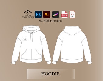 Hoodie Template, Vector Template, Vector Tech Pack Illustrator, Fashion Streetwear, Streetwear Tech Pack, Clothing Vector Mock-Ups