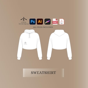 May include: A white cropped sweatshirt with a hood and long sleeves. The sweatshirt has a small logo on the front that says "GOOD TECH PACKS". The text "ALL FILES INCLUDED" is below the logo. The image also includes icons for Photoshop, Illustrator, PNG, and PDF.