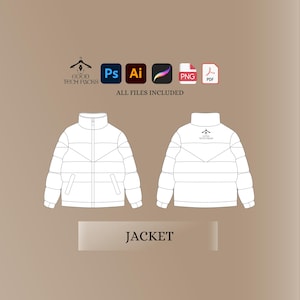 May include: A white puffer jacket with a zipper closure and a small logo on the back. The jacket has a high collar and a quilted design. The text "GOOD TECH PACKS" is visible on the image.