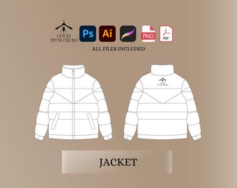 Winter Puffer Jacket Tech Pack: Vector Template for Streetwear Design. Digital Download