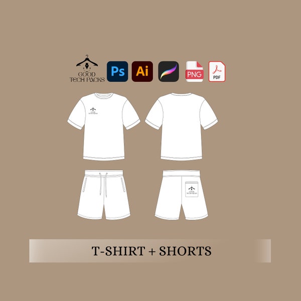T shirt Shorts Mockup, Vector Template, Tech Pack Illustrator, T shirt Shorts Tech Drawing , Designer Tech Pack, Suits Procreate