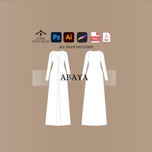 Könnte beinhalten: Eine digitale Illustration von zwei weißen Abayas, eine mit V-Ausschnitt und die andere mit Rundhalsausschnitt. Der Text "ABAYA" ist in Schwarz unter den Illustrationen geschrieben. Der Text "ALL FILES INCLUDED" ist in Schwarz über den Illustrationen geschrieben. Der Text "GOOD TECH PACKS" ist in Schwarz über dem Text "ALL FILES INCLUDED" geschrieben. Der Text "Ps Ai PNG PDF" ist in Schwarz über dem Text "GOOD TECH PACKS" geschrieben.