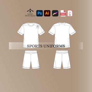 May include: White sports uniform mockup with a short-sleeved shirt and shorts. The shirt has a crew neck and a small logo on the chest. The shorts have a waistband and pockets.