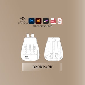 Backpack Tech Drawings,  Vector Template, Vector Tech Pack Illustrator, Fashion Streetwear, Streetwear Tech Pack,  Clothing Vector Mock-Ups