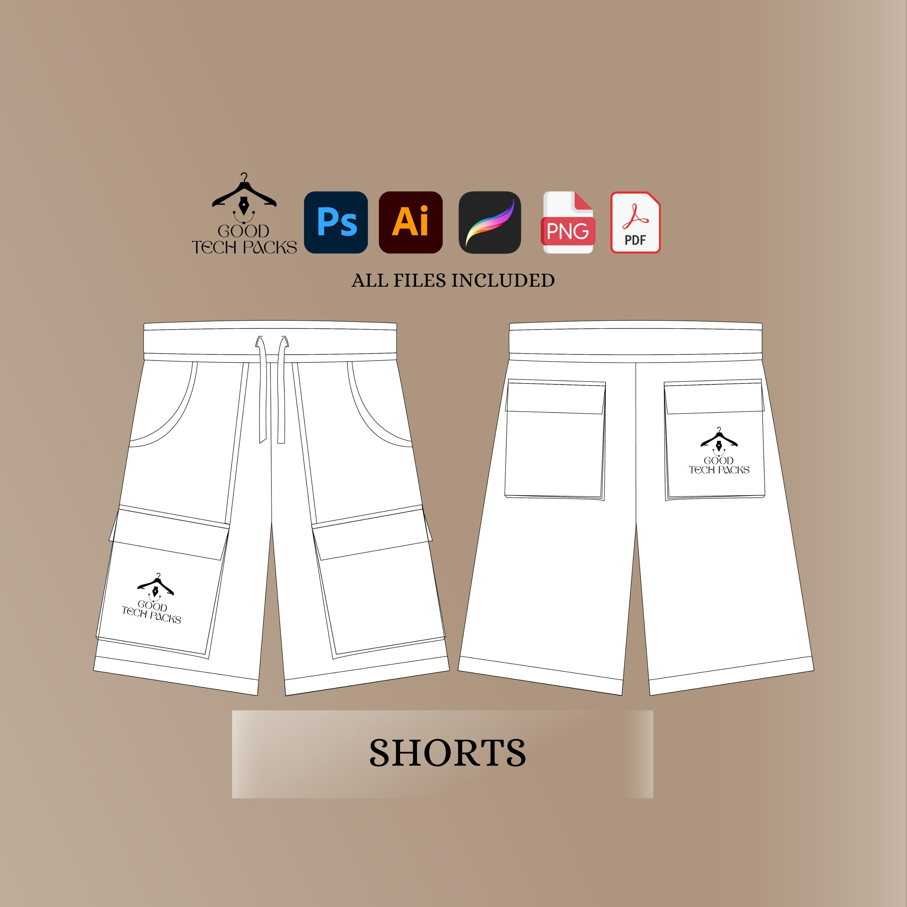Cargo Shorts Tech Pack Template: Clothing Vector Mockups (PNG, PS