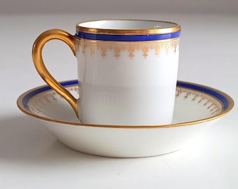 Winzige Limoges Paulhat 3-Sterne Litron Espresso Mokkatasse & Untertasse Kobaltvergoldung Rand 1920