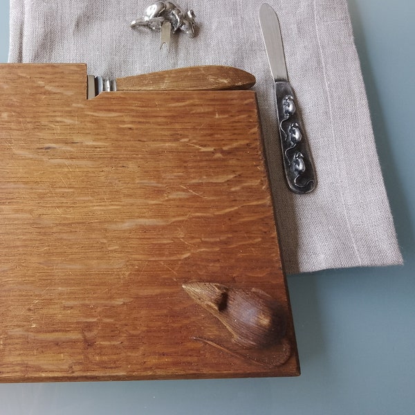 Vintage Oak Carved Mouse Cheese Board retailed by Ben Oakley of Windsor with Metzke pewter pick, mouse themed cheese serving collection