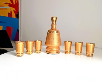 Belgisches Laeken Cristal Mid Century Gold Likör-Wodka-Set, 6 Schnapsgläser, Hollywood Regency
