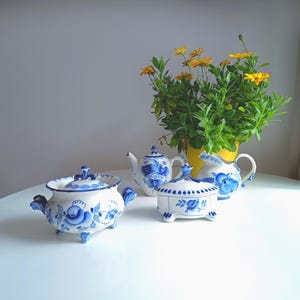 Vintage Russian Gzhel Tea Set: Hand-Painted Cobalt Blue  Tea Pot, Creamer, Biscuits Jar