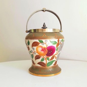 Antique Victorian English Cookies Jar Biscuits Barrel: Colourful Hand-Painted Fruit Motif