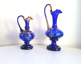 Vintage Victorian Cobalt Blue Glass Ewer-style Vases: Hand Painted Daisies, 19 century