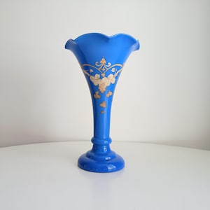 Art Nouveau Opaline Glass Trumpet Vase: Biedermeier Enamel, Harrach Style 1880s
