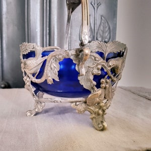 Vintage French Repousse Metal Bonbon, Nuts or Jam Bowl or Basket in Aesthetic Movement Birds, Berries and Foliage Design Art Nouveau period