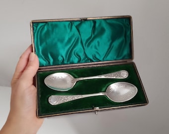 Antike Silberplatte Brei Löffel - Venezianisches Muster - Boxed Set
