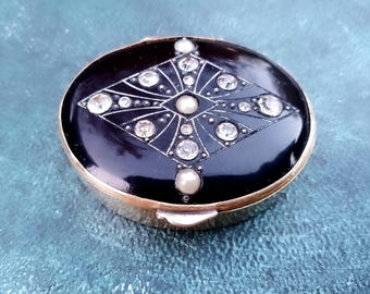 Antike französische Rouge Box: Faux Onyx, Strass Kristalle, Pique Inlay
